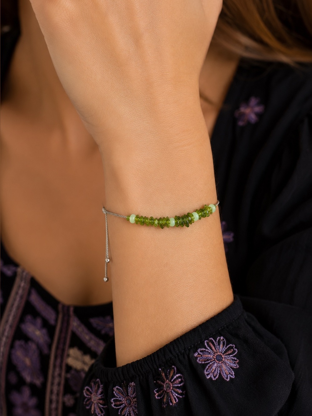 Natural Chrome Diopside & Green Opal Bolo Bracelet 925 Sterling Silver 13.65 CTW